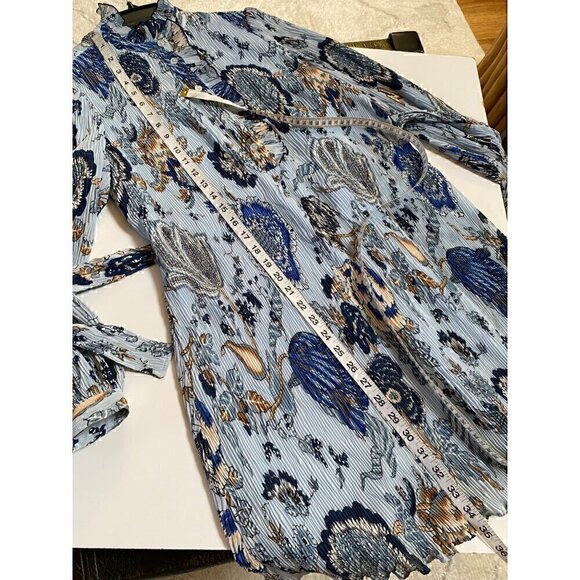 Tory Burch Deneuve Paisley Dress Size 0 Blue Crinkle Floral Ruffle Long Sleeve - Picture 11 of 14